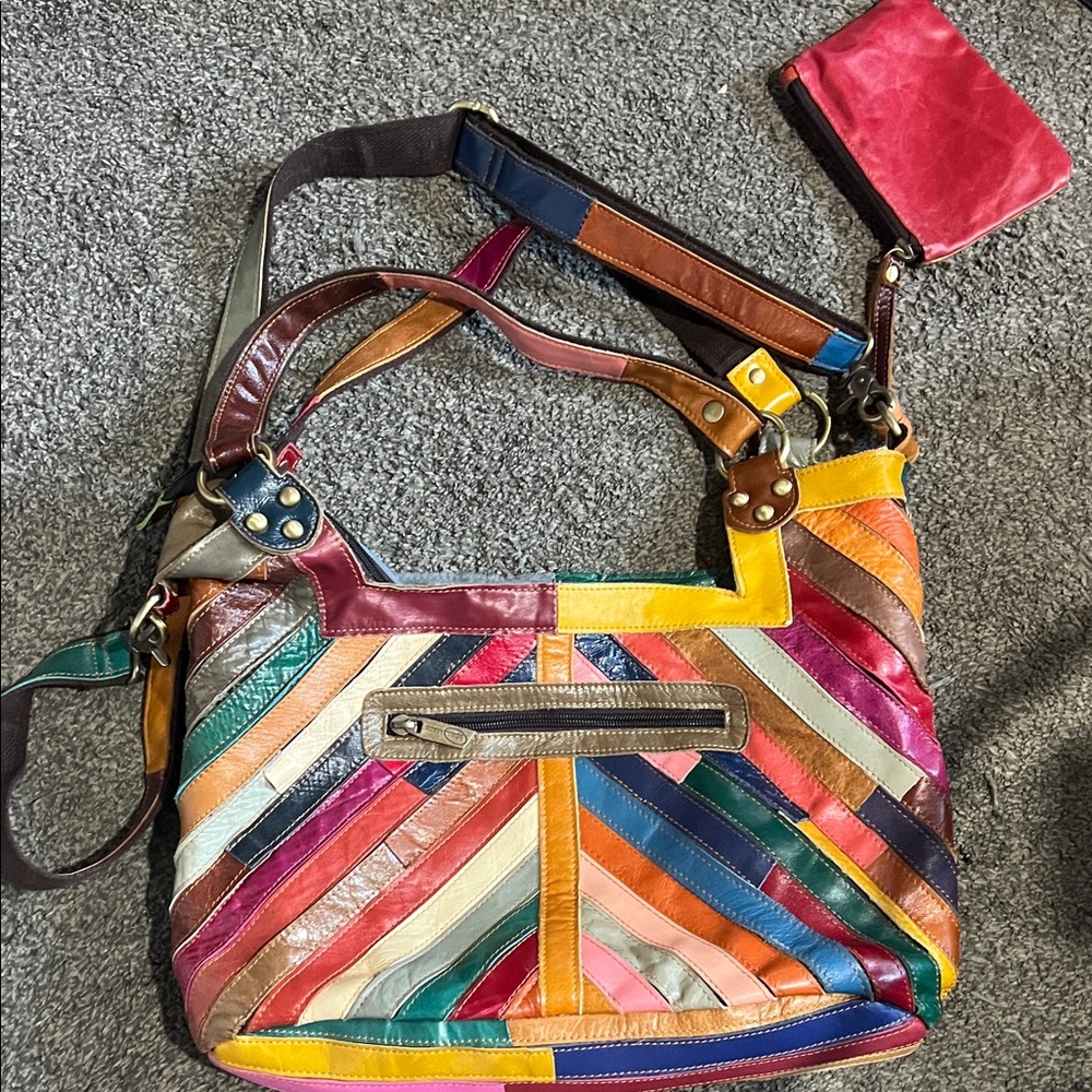 Multicolor Patchwork Real Leather Tote Bag/ Cross… - image 2